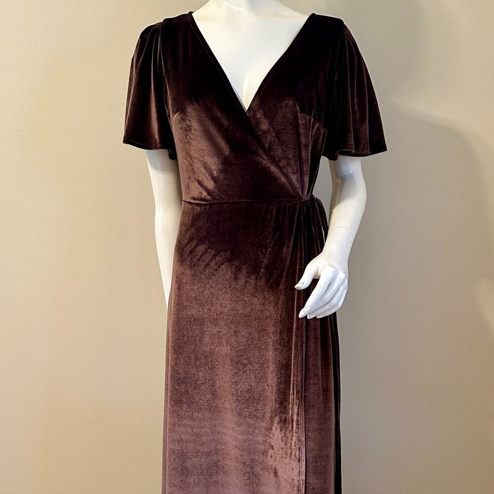 Women`s V Neck Wrap Maxi Velvet Dress - Brown